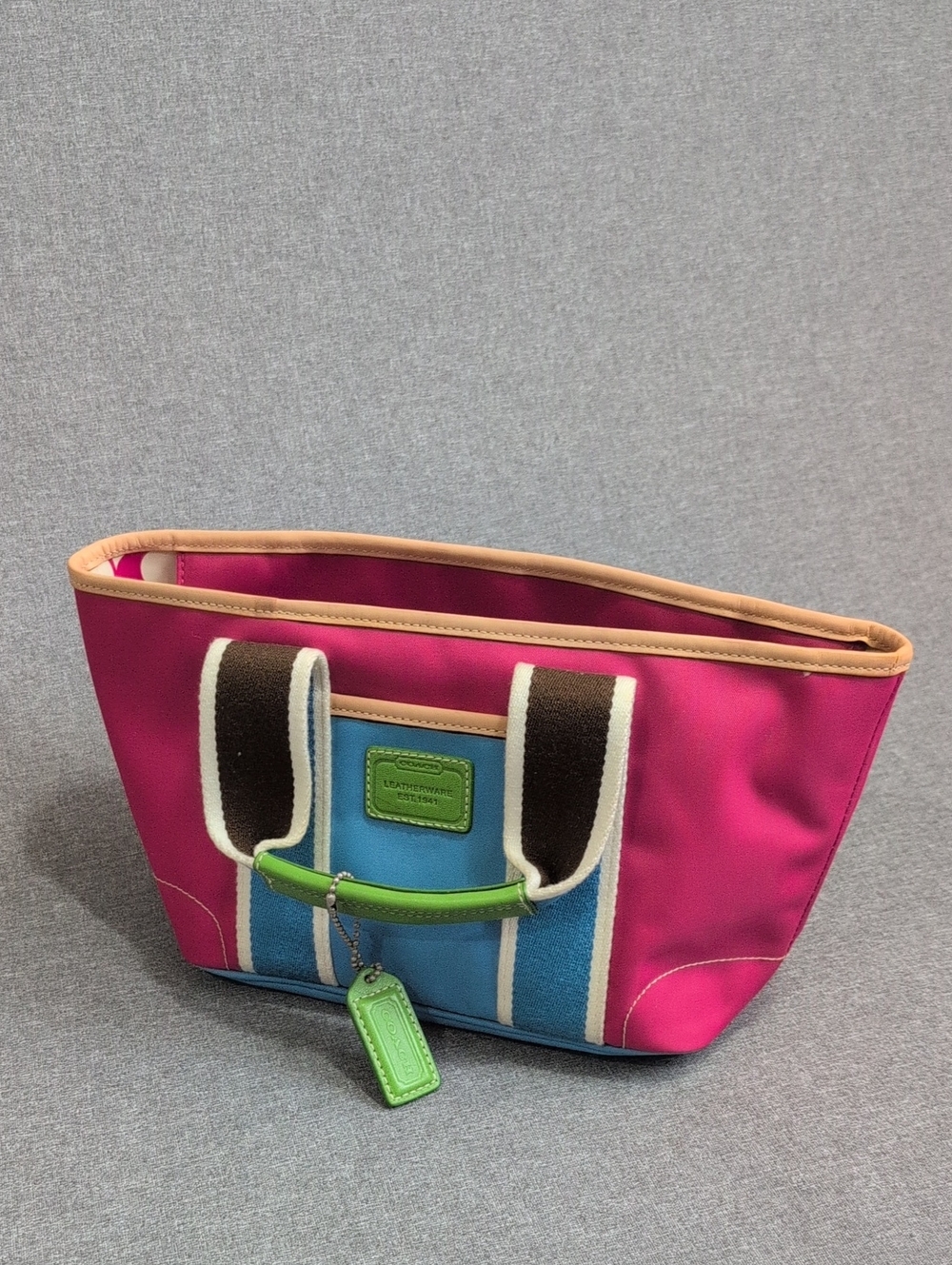 Coach Pink, Blue and Green Mini Hampton Tote with Tan Trim